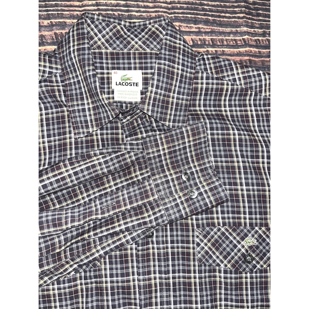 Lacoste Button Down Shirt Mens Size 40 Large Multicolor Plaid  2 Pocket Logo